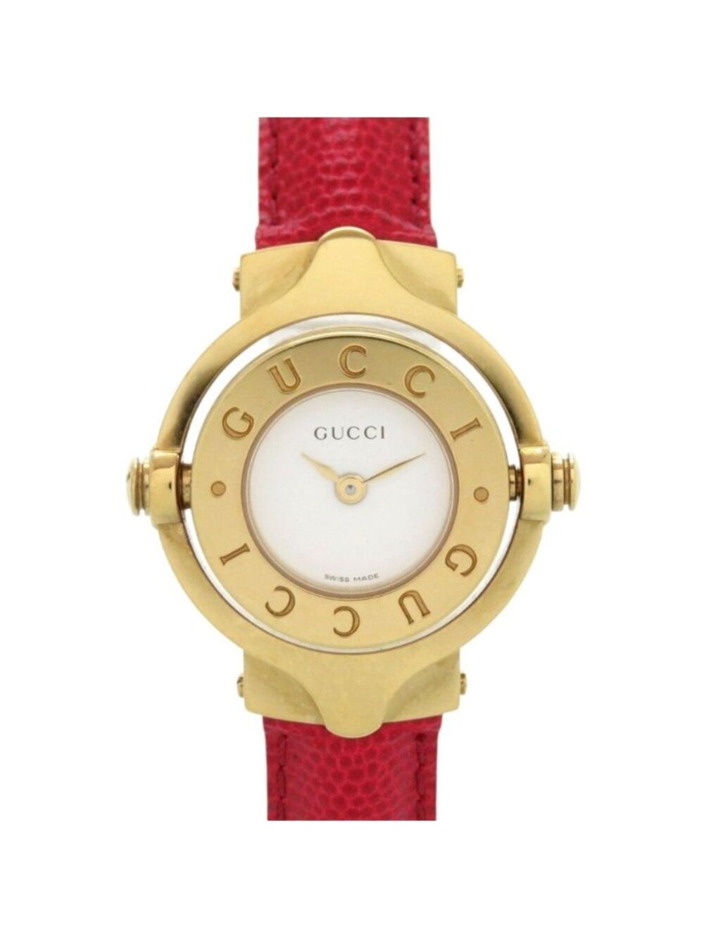Gucci Turnface Bangle Watch SS Leather White Red Quartz Dial